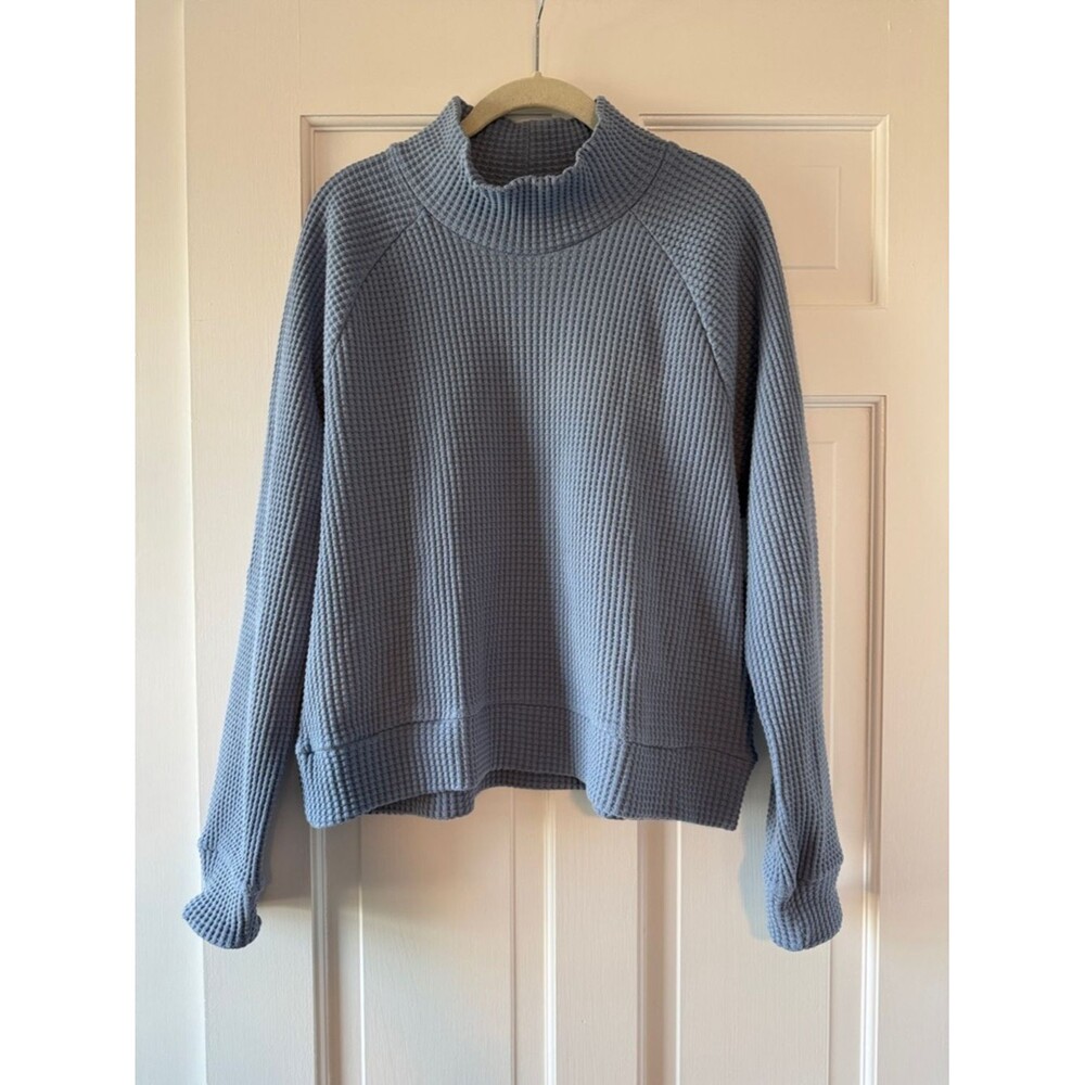NWT The North Face Light Blue Waffle 100% Cotton Mock Neck Top Long Sleeve Med
